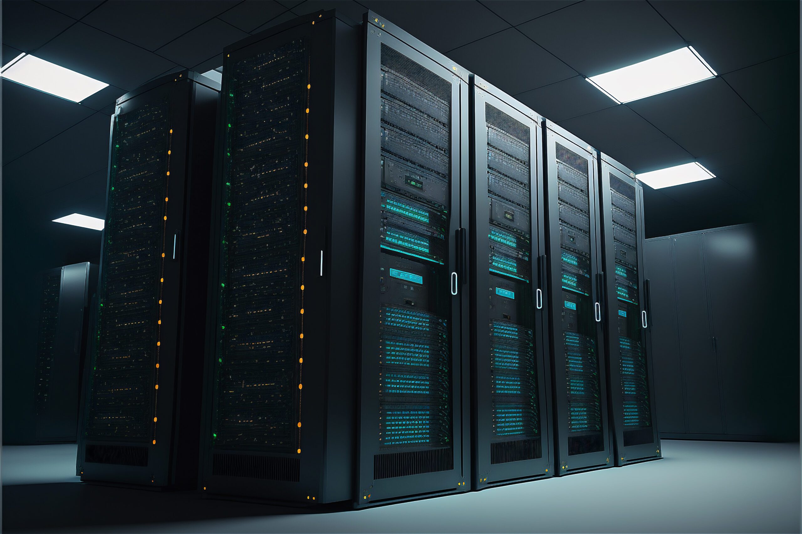 Serviços 9 dispositivos de mainframe em racks na sala com conteudo de internet cibernetica de big data luz neon gabinete de servidor de computacao em nuvem moderno sistema de hardware de armazenamento de comunicacao scaled 1