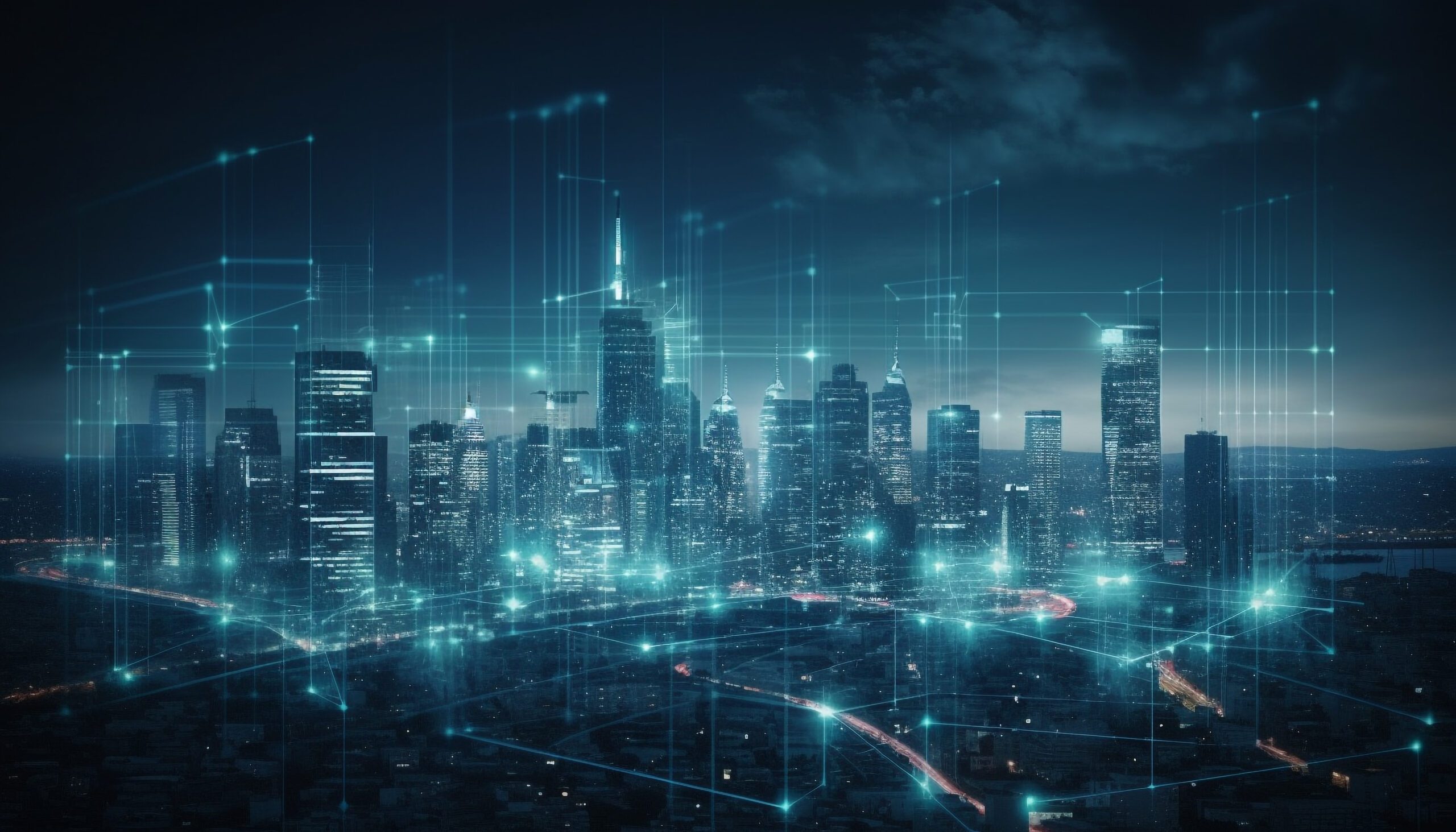 Serviços 10 arranha ceus brilhantes iluminam a paisagem urbana futurista a noite gerada por ia scaled 1
