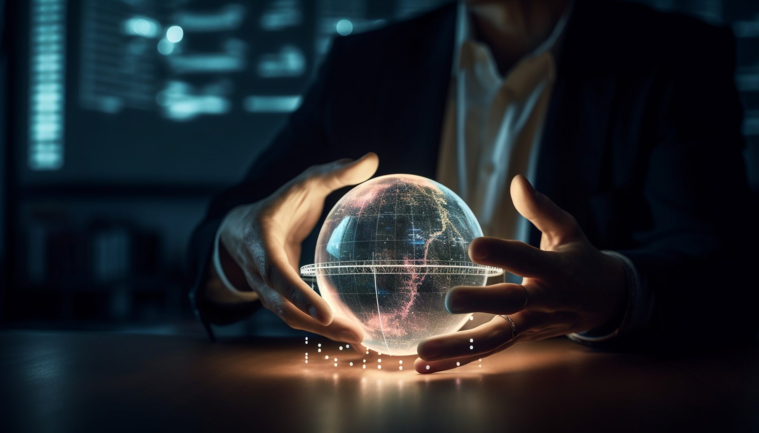 Serviços 8 empresario global segurando conceitos de comunicacao futuristas de esfera brilhante gerados por ia scaled 1