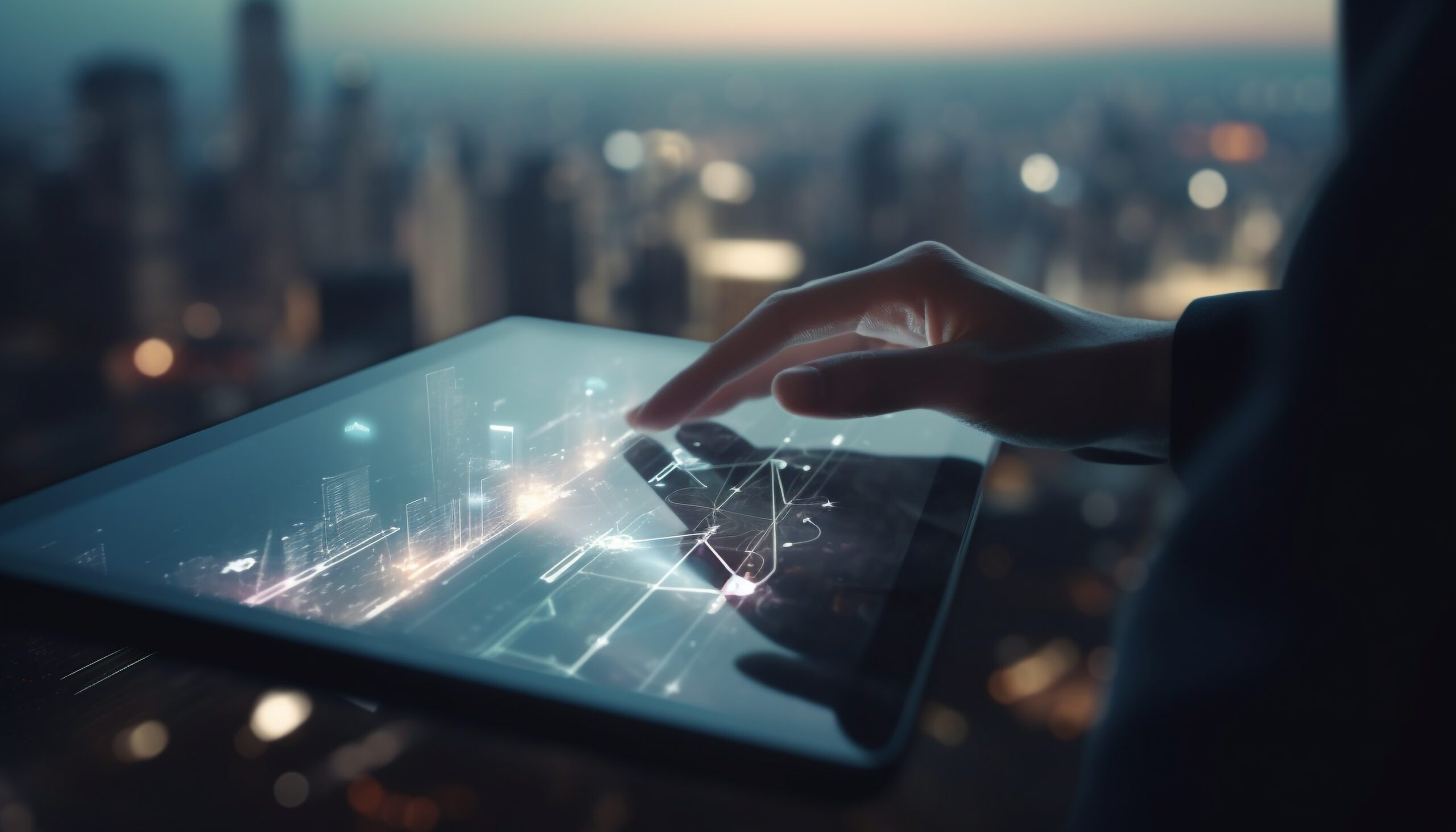 Serviços 7 empresario segurando o sucesso do tablet digital na paisagem urbana gerada pela ia 1 scaled 1